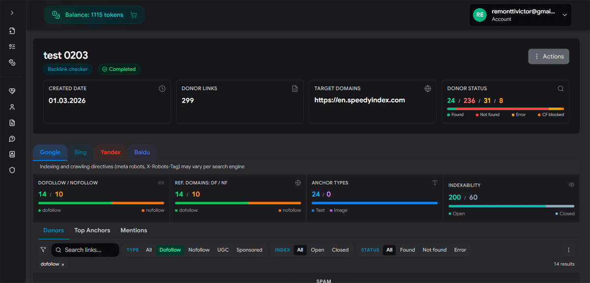 SpeedyIndex Vérificateur de backlinks Dashboard showing donor status and link attributes summary