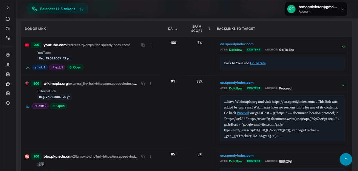 Detailed backlink analysis list showing Domain Authority, Spam Score and Anchor Text
