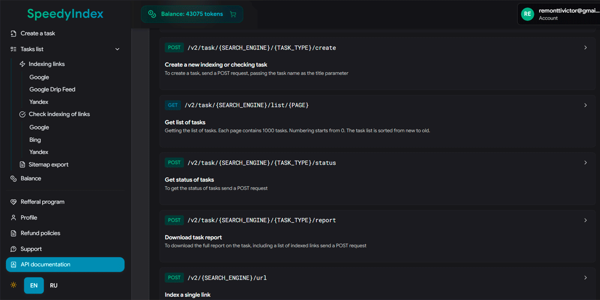 SpeedyIndex developer dashboard displaying documentation for the Bing index checker API, showing endpoints to create tasks, check status, and download reports.