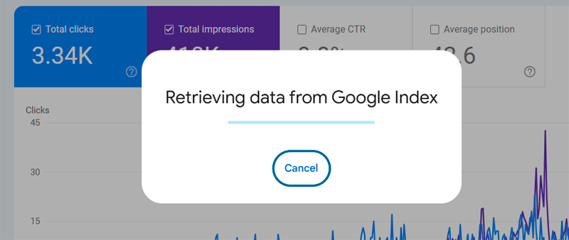 Google Search Console affichant l’écran « Récupération des données de l’index Google »