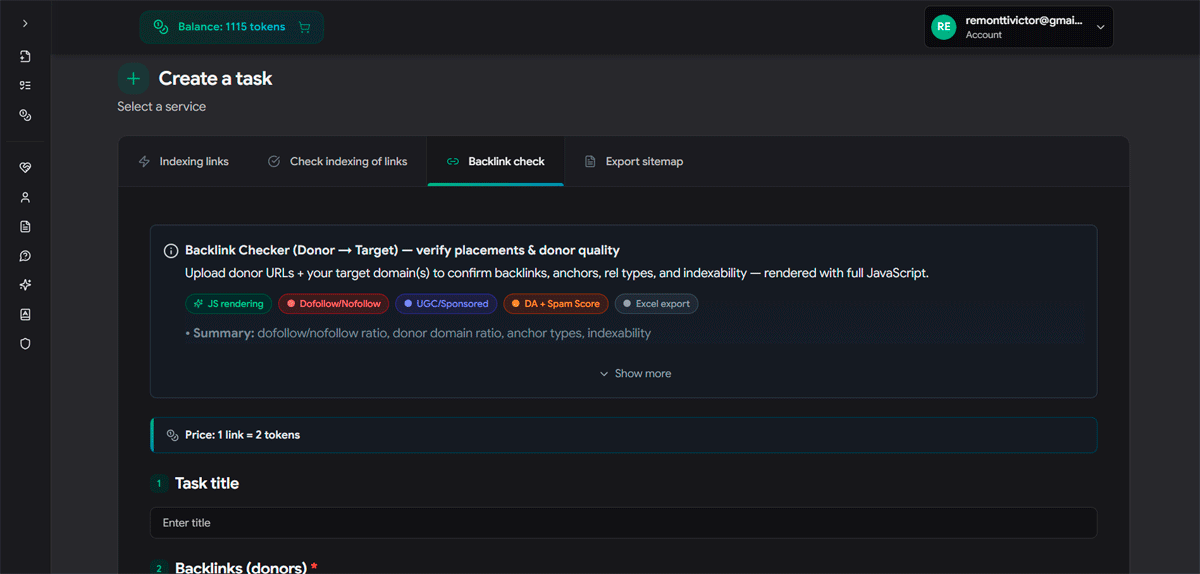 SpeedyIndex Vérificateur de backlinks Dashboard showing the creation of a new task